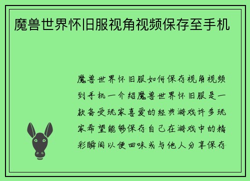 魔兽世界怀旧服视角视频保存至手机
